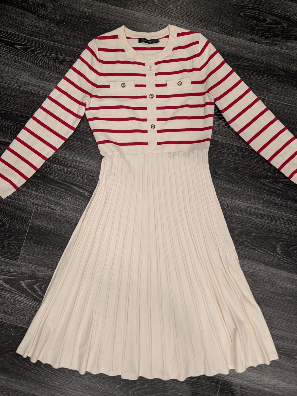 Striped Knit Polo Dress in Cream and Red